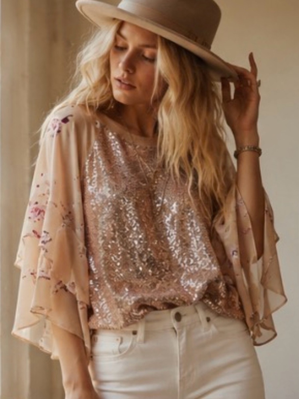 Free People Blush Pink Sequin Flutter Sleeve Blouse